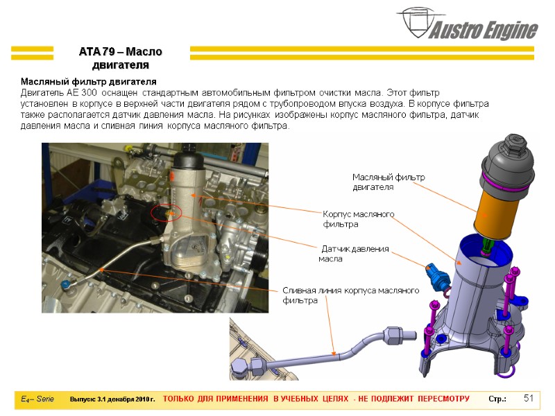 51 Масляный фильтр двигателя Двигатель AE 300  оснащен стандартным автомобильным фильтром очистки масла.